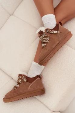 Zamszowe Śniegowce Damskie Z Futerkiem I Grubym Sznurowaniem Vinceza 97963 Camel