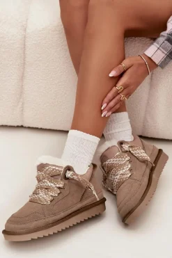 Zamszowe Śniegowce Damskie Z Futerkiem I Grubym Sznurowaniem Vinceza 97963 Beżowe