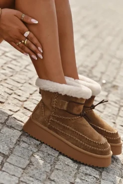 Zamszowe Śniegowce Damskie Z Ozdobnymi Przeszyciami Big Star SS274373 Camel