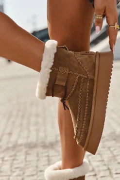 Zamszowe Śniegowce Damskie Z Ozdobnymi Przeszyciami Big Star SS274373 Camel