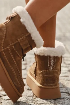 Zamszowe Śniegowce Damskie Z Ozdobnymi Przeszyciami Big Star SS274373 Camel