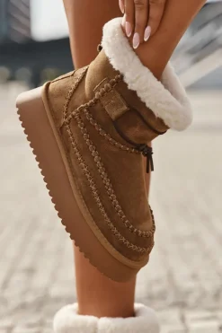 Zamszowe Śniegowce Damskie Z Ozdobnymi Przeszyciami Big Star SS274373 Camel