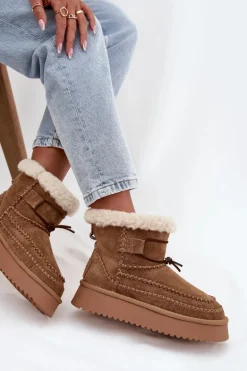 Zamszowe Śniegowce Damskie Z Ozdobnymi Przeszyciami Big Star SS274373 Camel