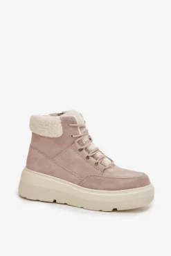 Zamszowe Śniegowce Damskie Z Kożuszkiem Na Platformie Vinceza 95354 Beżowe