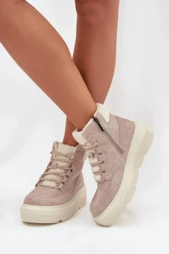 Zamszowe Śniegowce Damskie Z Kożuszkiem Na Platformie Vinceza 95354 Beżowe