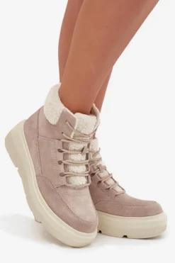 Zamszowe Śniegowce Damskie Z Kożuszkiem Na Platformie Vinceza 95354 Beżowe