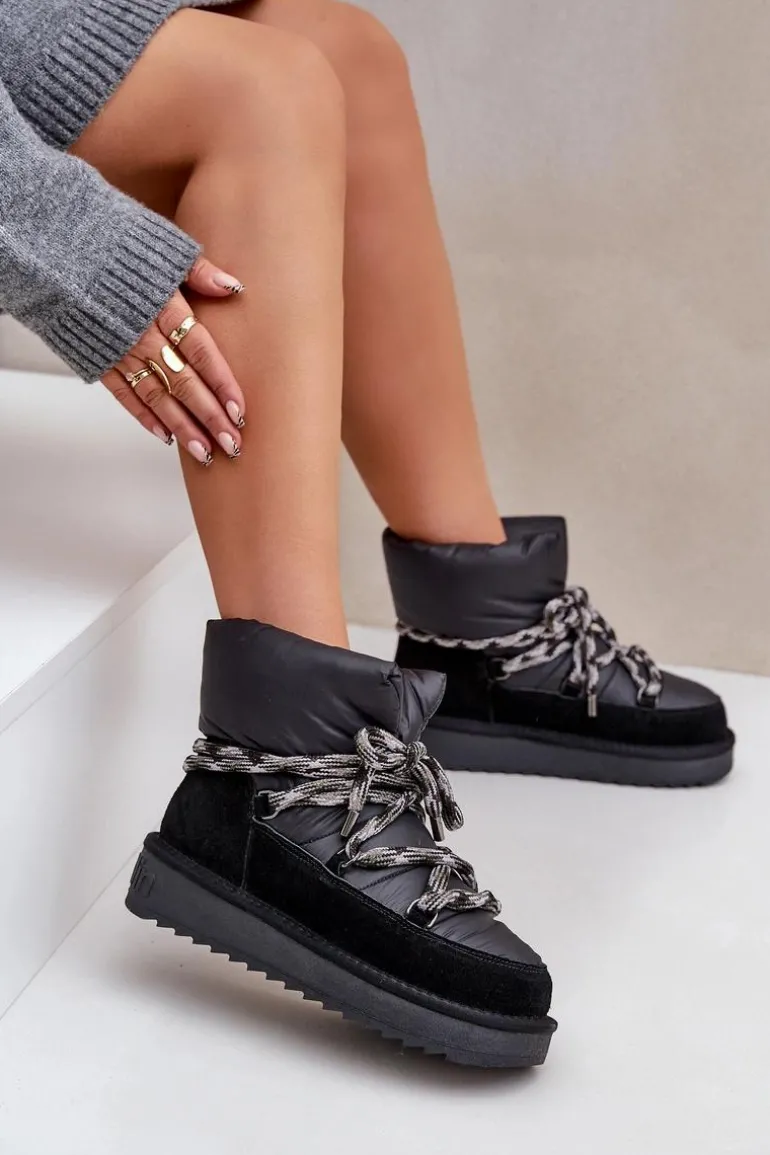 Zamszowe Śniegowce Damskie Z Grubym Sznurowaniem D.Franklin DFSH375003 Czarne