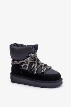 Zamszowe Śniegowce Damskie Z Grubym Sznurowaniem D.Franklin DFSH375003 Czarne