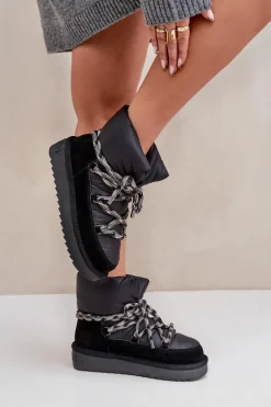 Zamszowe Śniegowce Damskie Z Grubym Sznurowaniem D.Franklin DFSH375003 Czarne