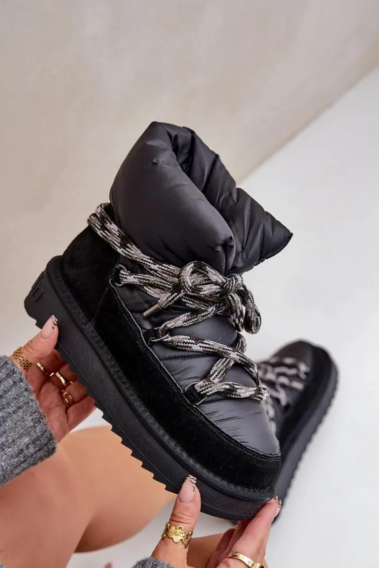 Zamszowe Śniegowce Damskie Z Grubym Sznurowaniem D.Franklin DFSH375003 Czarne