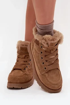 Zamszowe Śniegowce Trapery Damskie Na Platformie Z Futerkiem Big Star SS274370 Camel