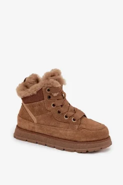 Zamszowe Śniegowce Trapery Damskie Na Platformie Z Futerkiem Big Star SS274370 Camel