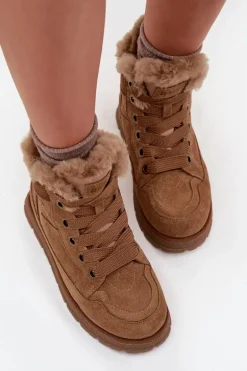 Zamszowe Śniegowce Trapery Damskie Na Platformie Z Futerkiem Big Star SS274370 Camel