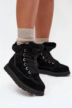Zamszowe Śniegowce Trapery Damskie Na Platformie Z Futerkiem Big Star SS274369 Czarne