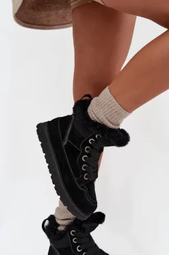 Zamszowe Śniegowce Trapery Damskie Na Platformie Z Futerkiem Big Star SS274369 Czarne