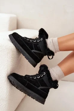 Zamszowe Śniegowce Trapery Damskie Na Platformie Z Futerkiem Big Star SS274369 Czarne