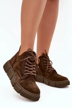 Zamszowe Niskie Botki Damskie Na Platformie Big Star SS274595 Brązowe