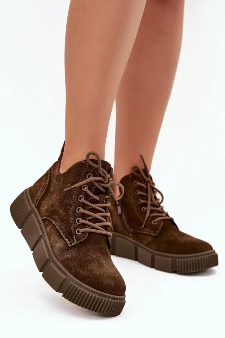 Zamszowe Niskie Botki Damskie Na Platformie Big Star SS274595 Brązowe