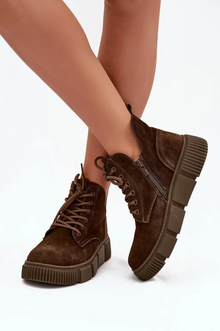 Zamszowe Niskie Botki Damskie Na Platformie Big Star SS274595 Brązowe