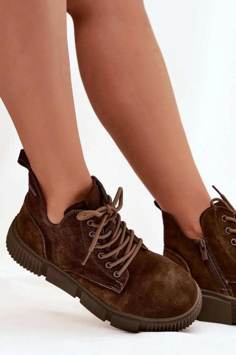 Zamszowe Niskie Botki Damskie Na Platformie Big Star SS274595 Brązowe