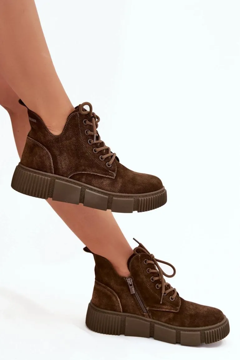 Zamszowe Niskie Botki Damskie Na Platformie Big Star SS274595 Brązowe