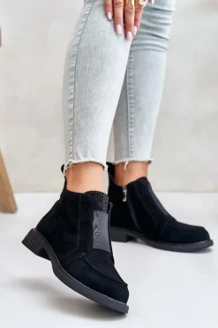 Zamszowe Niskie Botki Na Płaskim Obcasie Ocieplane D&A JC42-23 Czarne