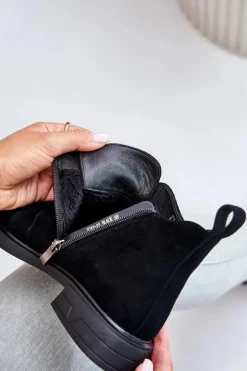 Zamszowe Niskie Botki Na Płaskim Obcasie Ocieplane D&A JC42-23 Czarne