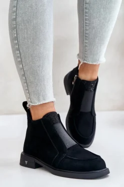 Zamszowe Niskie Botki Na Płaskim Obcasie Ocieplane D&A JC42-23 Czarne