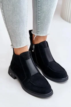 Zamszowe Niskie Botki Na Płaskim Obcasie Ocieplane D&A JC42-23 Czarne