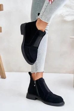 Zamszowe Niskie Botki Na Płaskim Obcasie Ocieplane D&A JC42-23 Czarne