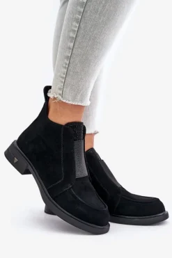 Zamszowe Niskie Botki Na Płaskim Obcasie Ocieplane D&A JC42-23 Czarne