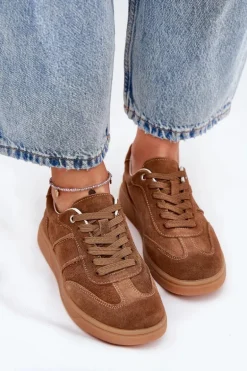 Zamszowe Niskie Sneakersy Damskie Brązowe Paliana