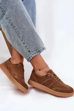 Zamszowe Niskie Sneakersy Damskie Brązowe Paliana