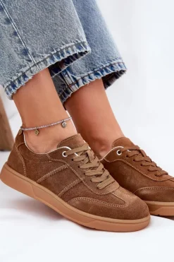 Zamszowe Niskie Sneakersy Damskie Brązowe Paliana