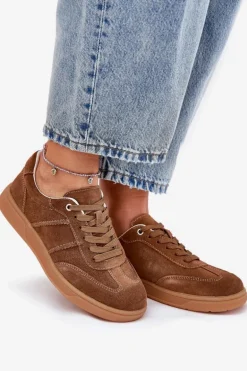 Zamszowe Niskie Sneakersy Damskie Brązowe Paliana