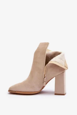Zamszowe Ocieplane Botki Na Słupku Beżowe Lamirena