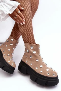 Zamszowe Ocieplane Botki Z Kryształkami D&A MR870-83 Beżowe