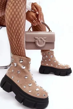 Zamszowe Ocieplane Botki Z Kryształkami D&A MR870-83 Beżowe