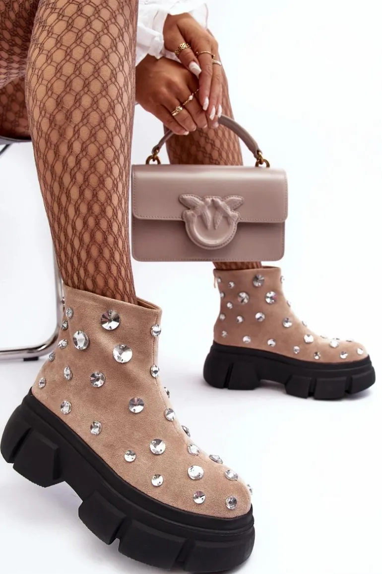 Zamszowe Ocieplane Botki Z Kryształkami D&A MR870-83 Beżowe