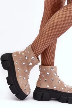 Zamszowe Ocieplane Botki Z Kryształkami D&A MR870-83 Beżowe