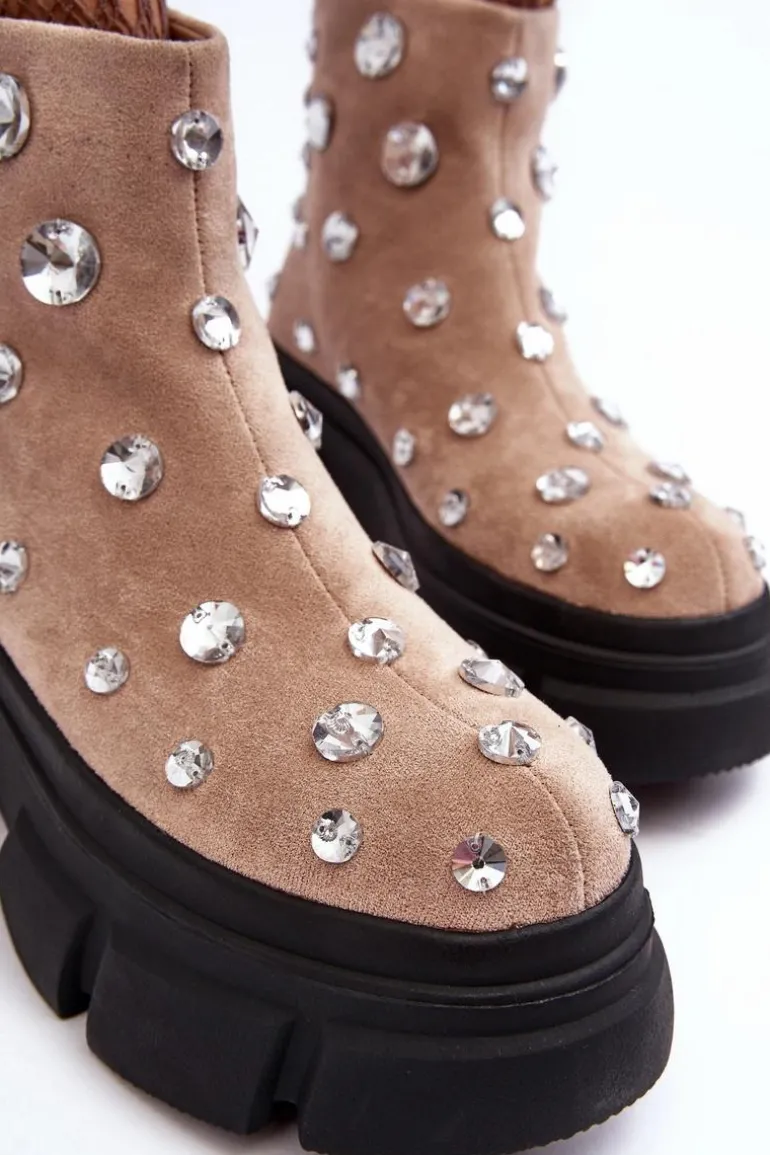 Zamszowe Ocieplane Botki Z Kryształkami D&A MR870-83 Beżowe