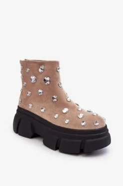 Zamszowe Ocieplane Botki Z Kryształkami D&A MR870-83 Beżowe