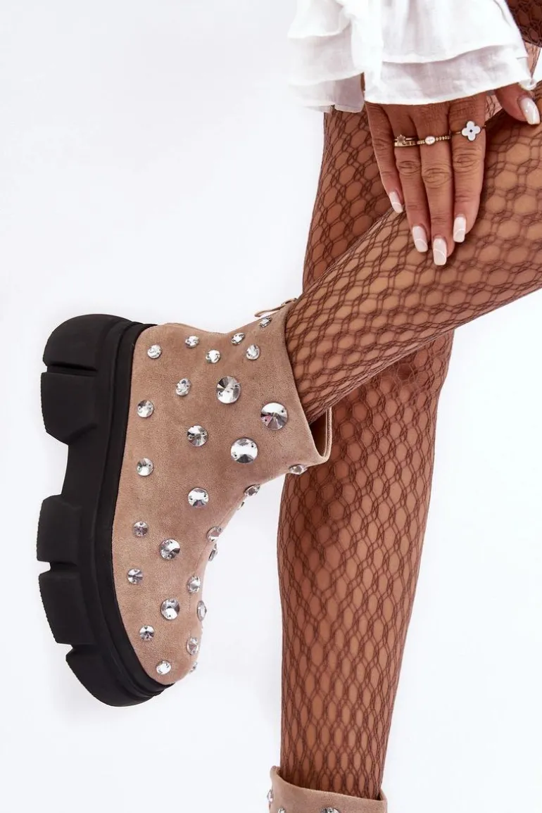 Zamszowe Ocieplane Botki Z Kryształkami D&A MR870-83 Beżowe