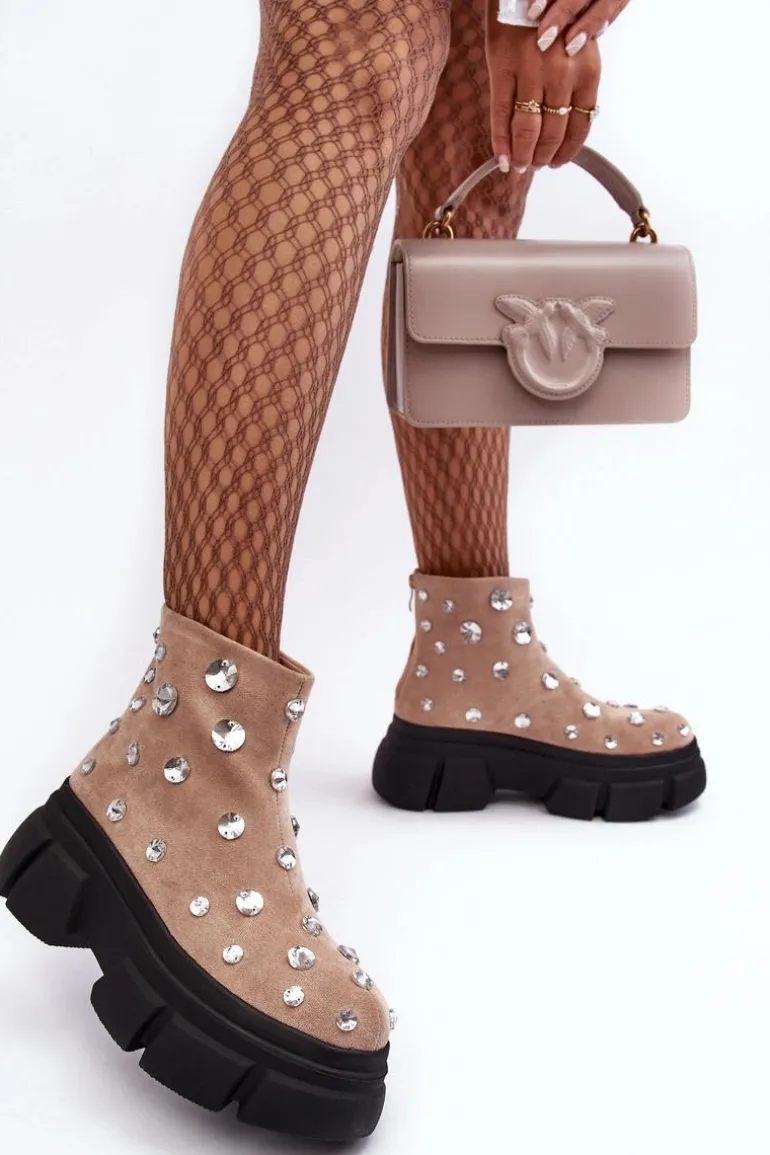 Zamszowe Ocieplane Botki Z Kryształkami D&A MR870-83 Beżowe