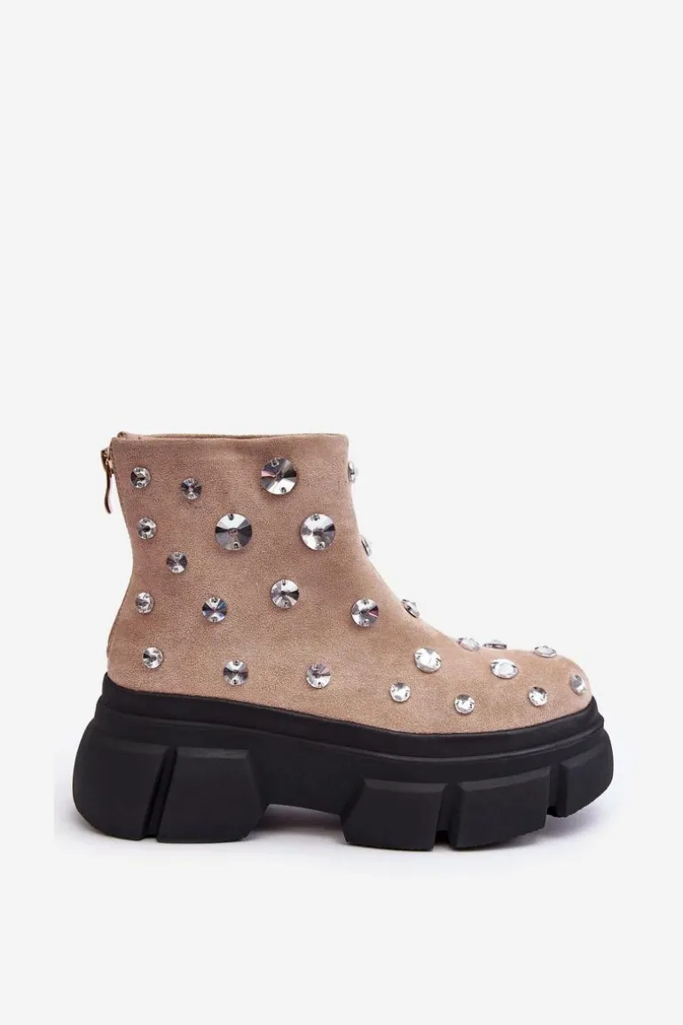 Zamszowe Ocieplane Botki Z Kryształkami D&A MR870-83 Beżowe