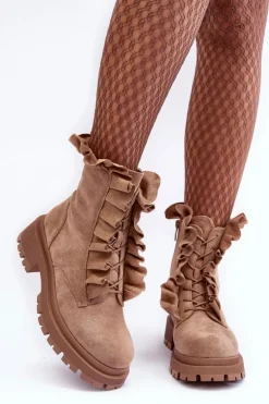 Zamszowe Ocieplane Botki Workery Na Płaskim Obcasie Beżowe Nacelle