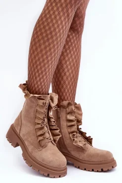 Zamszowe Ocieplane Botki Workery Na Płaskim Obcasie Beżowe Nacelle