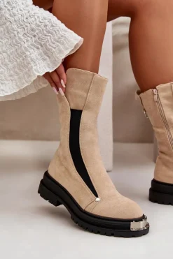 Zamszowe Ocieplane Botki Na Płaskim Obcasie Jasnobeżowe Palimra