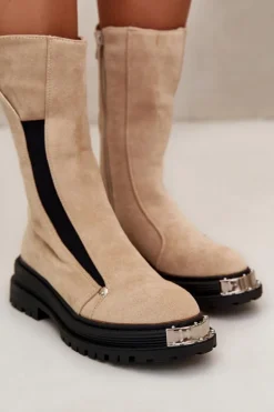 Zamszowe Ocieplane Botki Na Płaskim Obcasie Jasnobeżowe Palimra