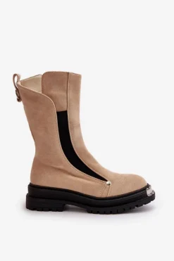 Zamszowe Ocieplane Botki Na Płaskim Obcasie Jasnobeżowe Palimra